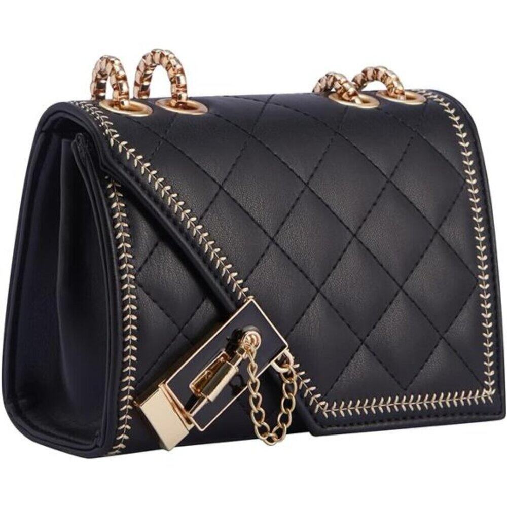 Quilted Crossbody Bag Black Vegan Leather Shoulder Bag Fashion Chain Small Purse